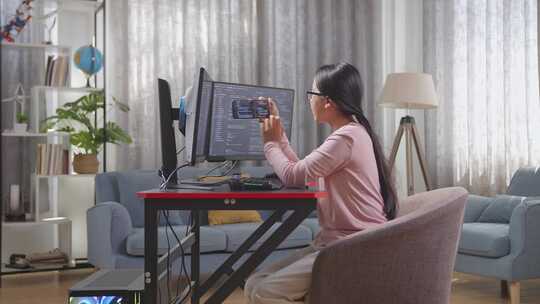 亚洲少女程序员在创建软件工程师开发应用程序时使用智能手机