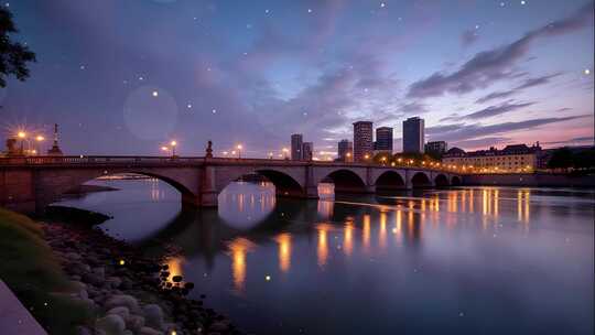 4k傍晚城市夜景和河流上的桥梁舞台背景