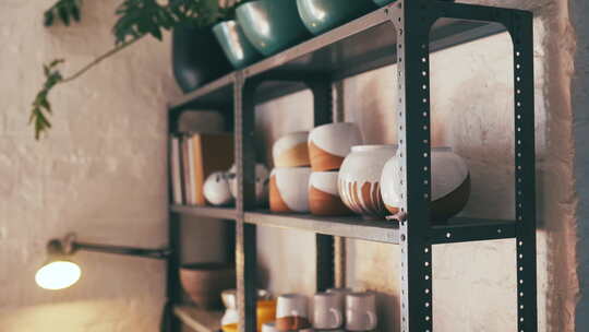 商店、车间或工作室货架上用于制造展示的陶