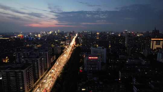 杭州城市夜幕降临夜景交通航拍