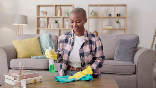 一个女人打扫客厅做家务和家务的擦拭、桌子
