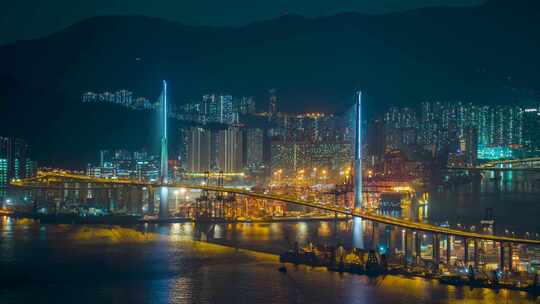 香港国际货运码头_昂船洲大桥夜景固定延时