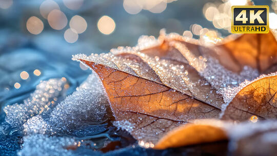 花草叶子树枝树叶结冰大自然唯美风景