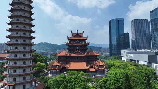 福州西禅古寺航拍城市寺庙古建筑景观风景