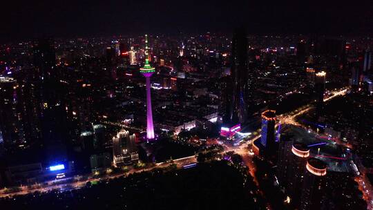 辽宁彩电塔沈阳电视塔地标夜景航拍