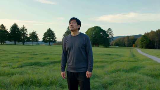 男子站立于绿色草地眺望远方
