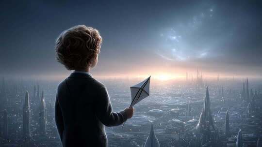少年手持纸飞机眺望未来城市