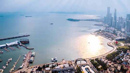 中国山东青岛浮山湾海岸线航拍延时摄影