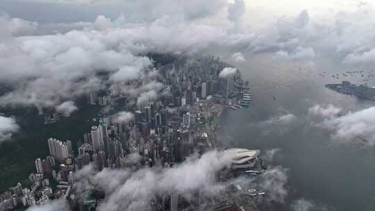 香港维多利亚港CBD中环日出高空航拍