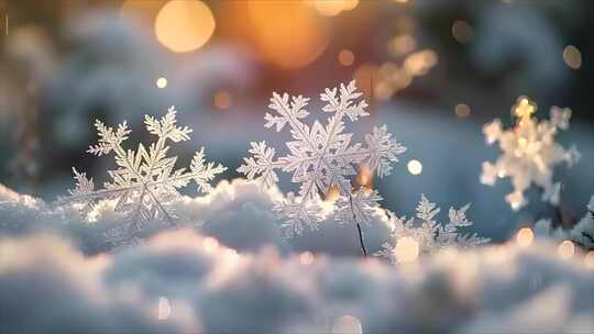 冬天雪花雪景下雪天冰晶雪花特写空镜头唯美