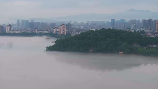 杭州富阳区富春江晨雾风光航拍