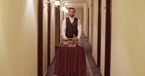 优雅的客房服务服务员在酒店大厅滚动推车