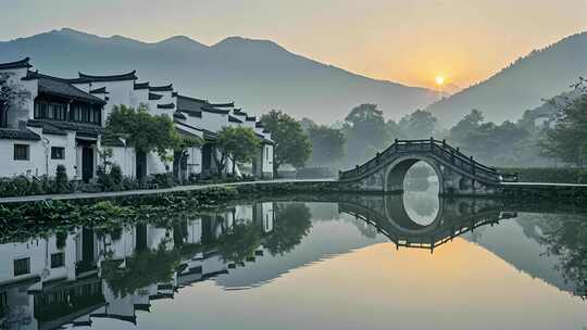江南水乡古镇石拱桥晨雾唯美风光芒种旅游