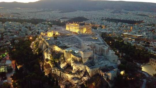 航拍希腊雅典卫城夜景