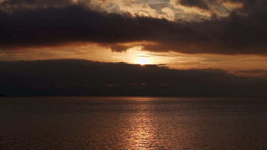湖泊的日出日落 海鸥飞翔视频素材模板下载