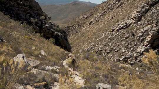 女人和柯基狗在岩石山脉走路