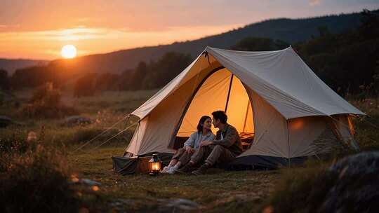 情侣户外露营日落场景
