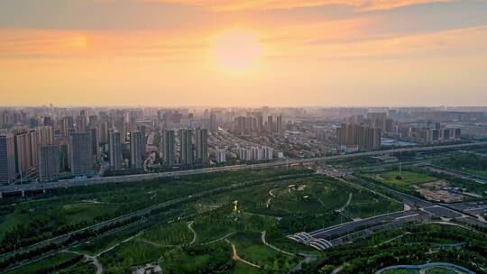 航拍城市大景夕阳日出