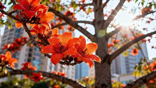 城市中盛开的木棉花特写