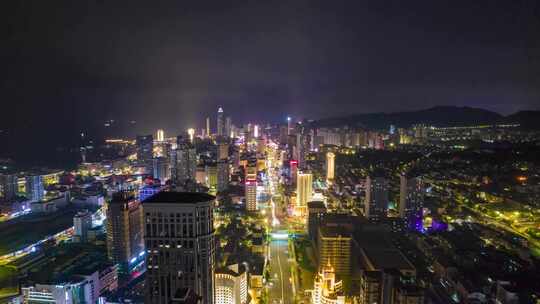 山东烟台城市夜景灯光交通航拍延时