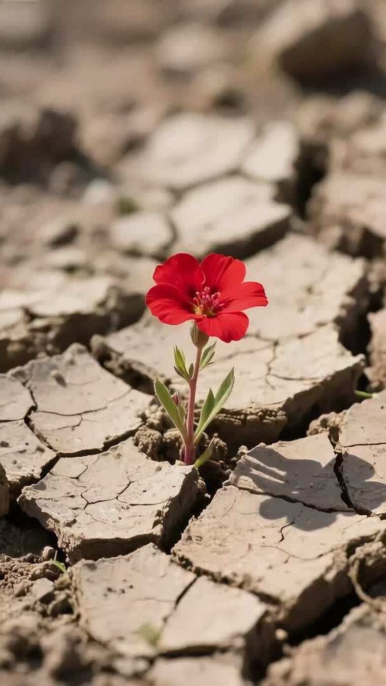 干旱土地上绽放的红色花朵
