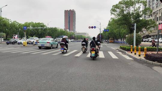 城市道路建筑春天花草树木商铺店面马路汽车