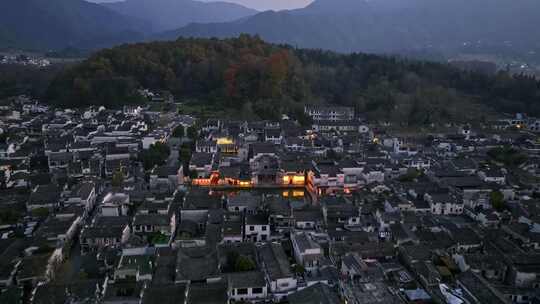 安徽黄山宏村徽派建筑群秋色晴天航拍