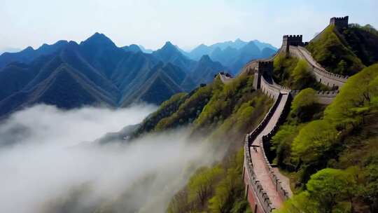 长城山间云雾环绕全景