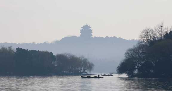 清晨杭州城市高楼西湖风光