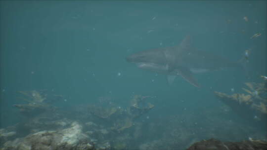 鲨鱼在岩石附近的水中游泳