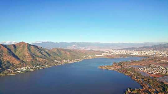 西昌市邛海湿地公园日出清晨全景鸟瞰航拍