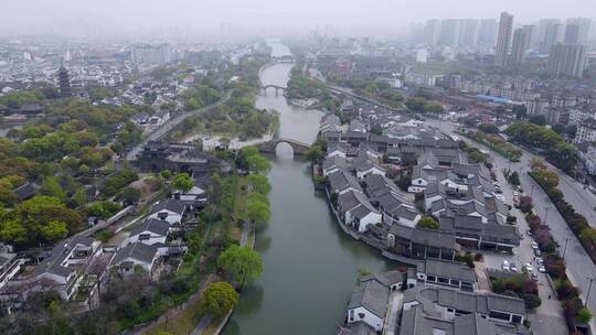 4k 航拍江苏苏州胥门运河两岸古建筑古民居