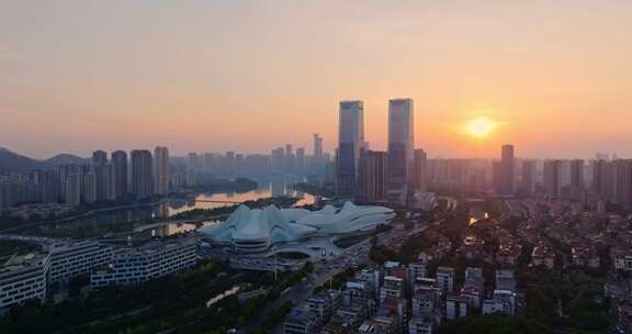 湖南长沙梅溪湖日落城市风光航拍