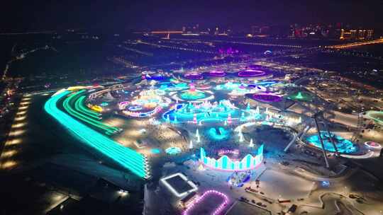 中国黑龙江哈尔滨冰雪大世界夜景航拍