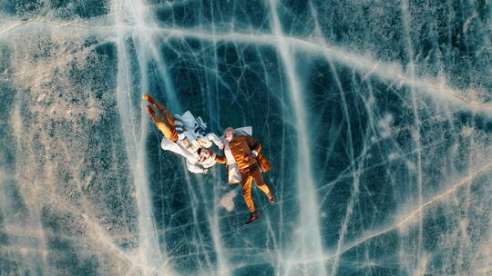 人躺在冰冻的湖面