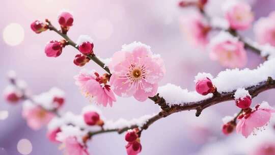 枝头覆雪的粉色梅花特写