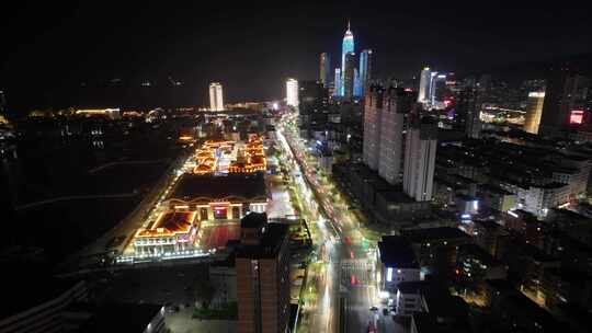 烟台滨海广场夜景航拍延时芝罘区山东夜晚