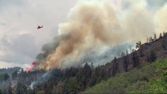 直升机在森林火灾中洒水