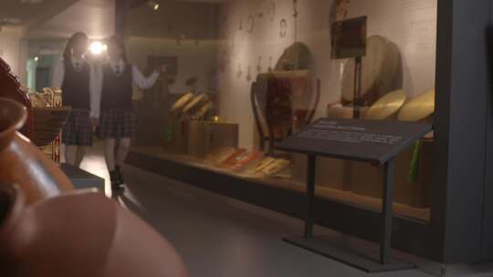 学生学生参观老式乐器展览博物馆古乐器陈列视频素材模板下载
