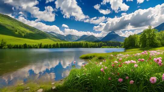 山水湖畔花草自然风光