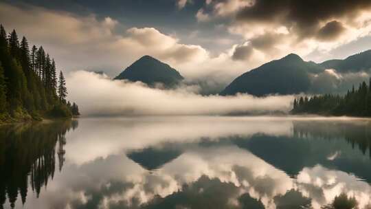 山林湖泊云雾缭绕全景