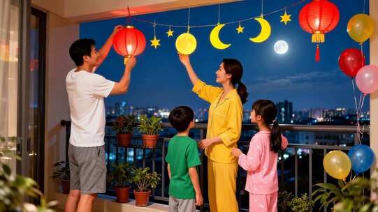 中秋节一家四口阳台挂灯笼场景