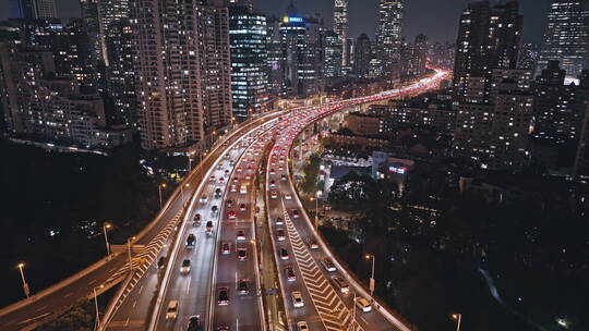 上海延安立交高架路夜景航拍