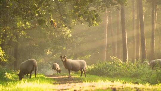 羊儿在森林中吃草