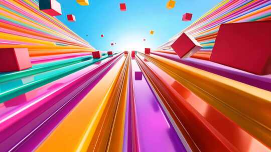 缤纷色彩方块高速抽象空间飞行片头动画大屏