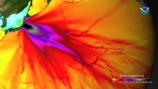 日本海啸横跨太平洋的海浪动画