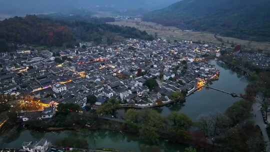 安徽黄山宏村徽派建筑群秋色日落夜景航拍