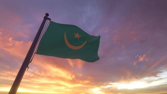 旗杆上的毛里塔尼亚国旗在风中飘扬