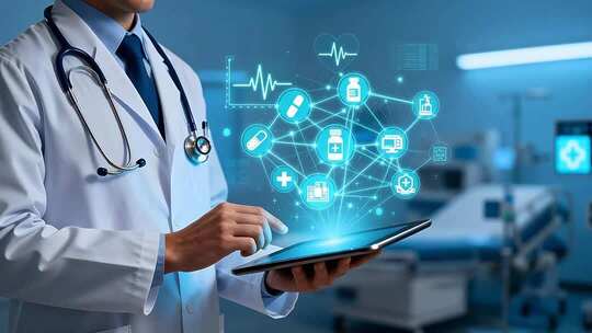 医生在医院使用平板查看医疗信息