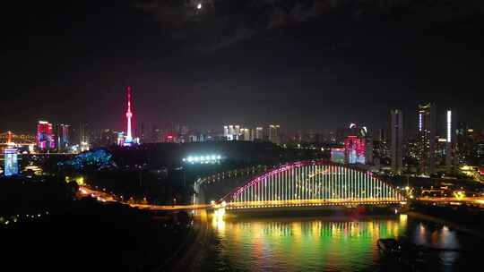 湖北武汉夜景武汉晴川桥夜景航拍